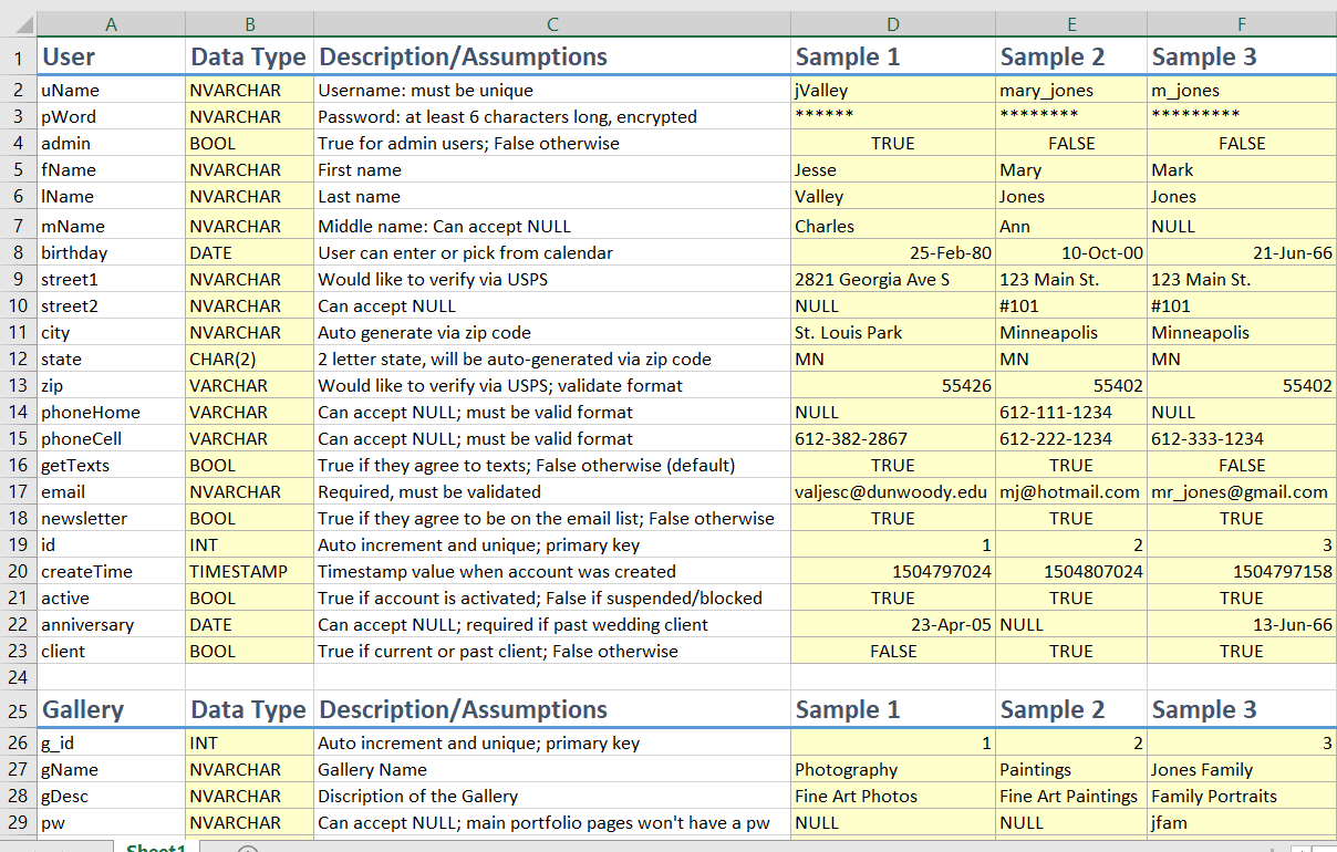 Data Planning Excel Sheet